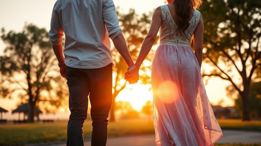 Pár együtt sétál a naplementében, jövőt tervezve.