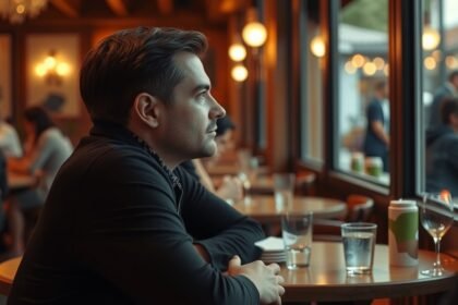 Egy férfi, aki még mindig vár egy találkozóra egy kávézóban.