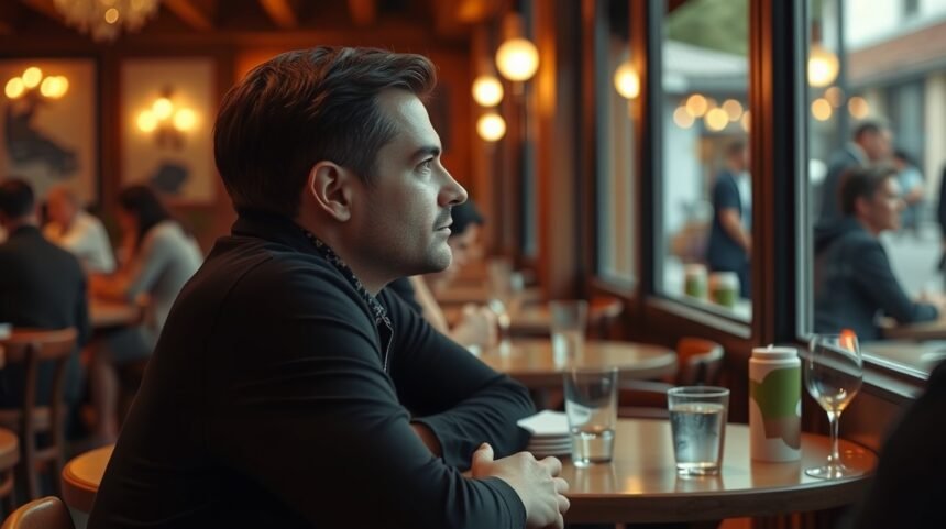 Egy férfi, aki még mindig vár egy találkozóra egy kávézóban.