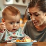 Baba és mama közösen étkeznek, baba kanállal próbál enni.