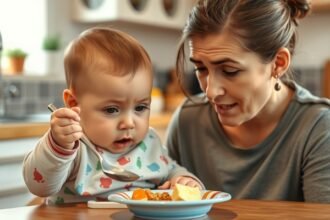 Baba és mama közösen étkeznek, baba kanállal próbál enni.