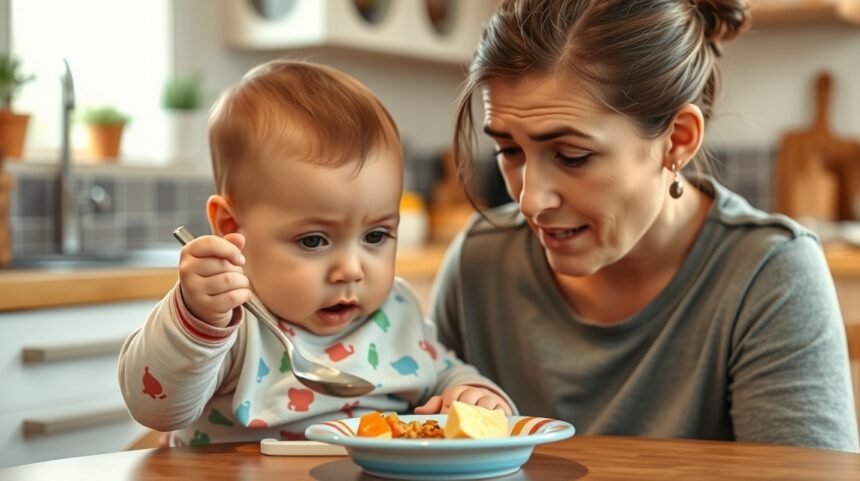 Baba és mama közösen étkeznek, baba kanállal próbál enni.