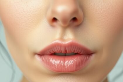 Közelkép egy női arc bőrének állapotáról, sima és hidratált ajkakkal.