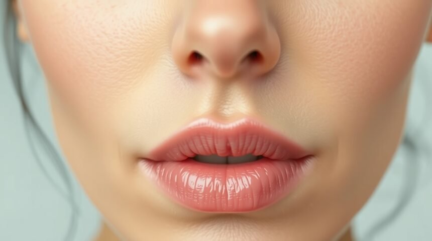 Közelkép egy női arc bőrének állapotáról, sima és hidratált ajkakkal.