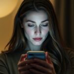 Egy nő okostelefonon üzenetet olvas este.