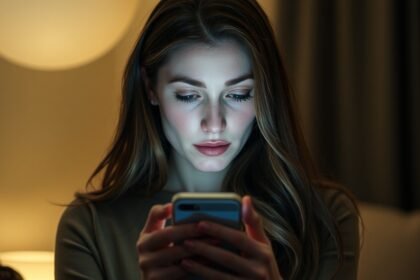 Egy nő okostelefonon üzenetet olvas este.