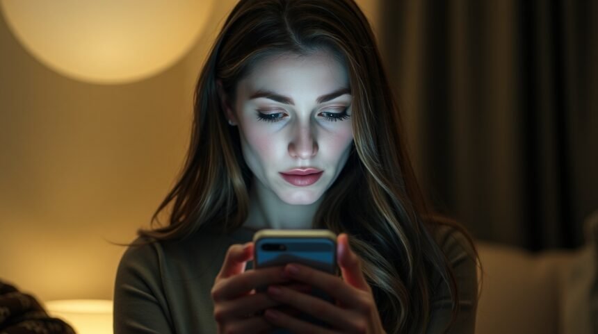 Egy nő okostelefonon üzenetet olvas este.
