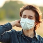 Fiatal nő maszkban, szabadban, önreflexió és határok érintése