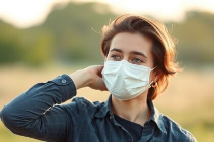 Fiatal nő maszkban, szabadban, önreflexió és határok érintése