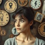 Egy nő, aki a saját értékéről gondolkodik, háttérben órák és szimbólumok.
