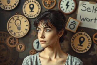Egy nő, aki a saját értékéről gondolkodik, háttérben órák és szimbólumok.