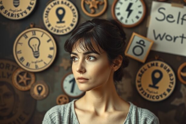 Egy nő, aki a saját értékéről gondolkodik, háttérben órák és szimbólumok.
