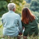 Egy pár a természetben ülve, kéz a kézben, érzelmi támogatást keresve.