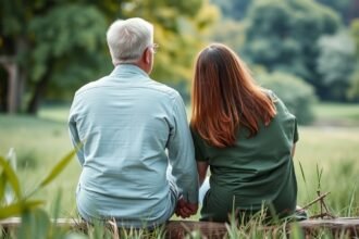 Egy pár a természetben ülve, kéz a kézben, érzelmi támogatást keresve.