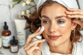 Nő szemkörnyékápoló krémet alkalmaz a sötét karikák csökkentése érdekében.