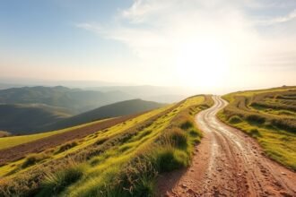 Zöld dombokkal körülvett naplementés út