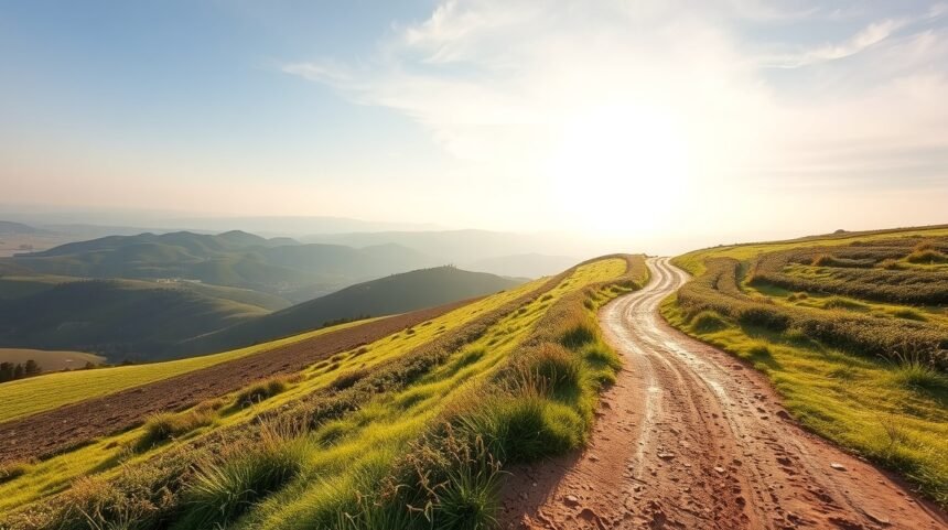 Zöld dombokkal körülvett naplementés út