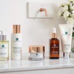 Különböző bőrápoló termékek egy elegáns fürdőszobában.