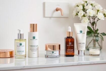 Különböző bőrápoló termékek egy elegáns fürdőszobában.