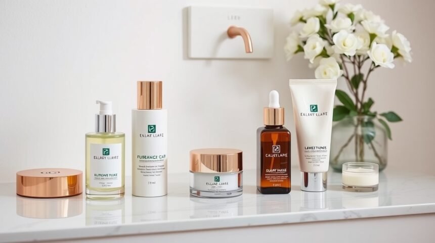 Különböző bőrápoló termékek egy elegáns fürdőszobában.