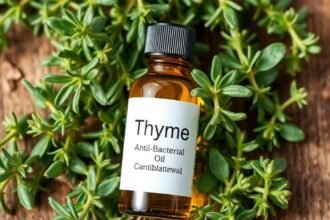 Kakukkfűolaj, természetes antibakteriális fertőtlenítőszer egy üvegen.