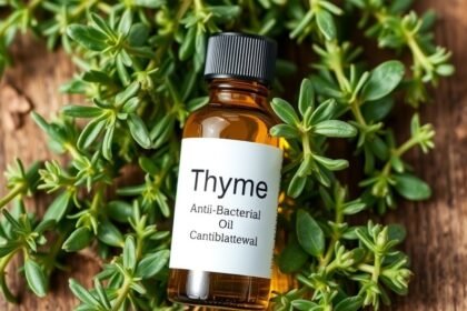 Kakukkfűolaj, természetes antibakteriális fertőtlenítőszer egy üvegen.