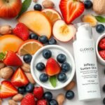 Friss gyümölcsök és bőrápoló termék a ragyogó bőrért