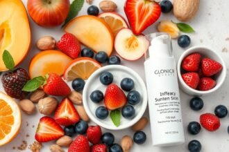 Friss gyümölcsök és bőrápoló termék a ragyogó bőrért