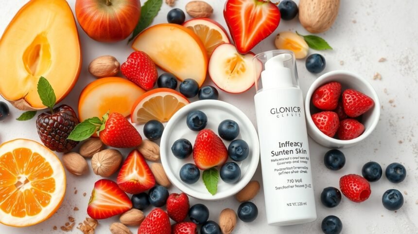 Friss gyümölcsök és bőrápoló termék a ragyogó bőrért
