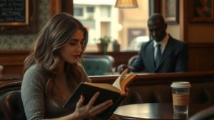 womensway 133 Egy nő olvas egy könyvet egy kávézóban, háttérben férfi ül.