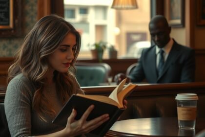 Egy nő olvas egy könyvet egy kávézóban, háttérben férfi ül.