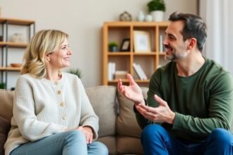 Pár beszélgetés közben a kanapén, kommunikáció és kapcsolatfejlesztés.