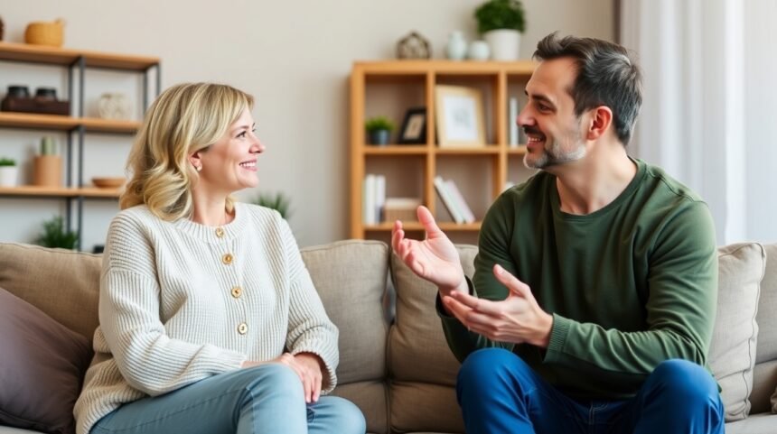 Pár beszélgetés közben a kanapén, kommunikáció és kapcsolatfejlesztés.