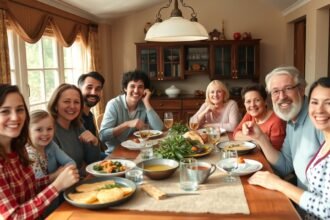 Családi összejövetel egy nagycsaládban hatalmas étkezéssel.