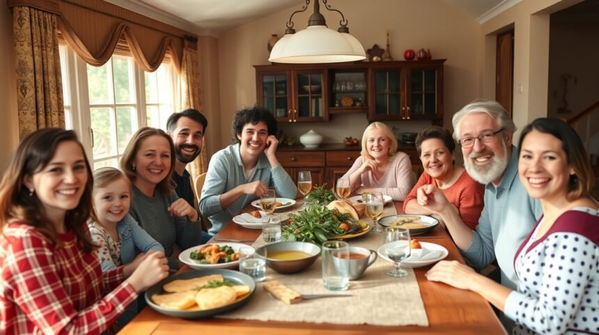 Családi összejövetel egy nagycsaládban hatalmas étkezéssel.