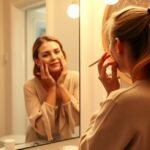 Elfoglalt anyuka szépségápolási rutinot végez a tükör előtt