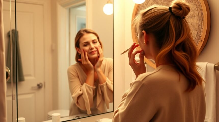Elfoglalt anyuka szépségápolási rutinot végez a tükör előtt