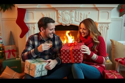 Párok karácsonyi ajándékokat bontanak a kandalló előtt.