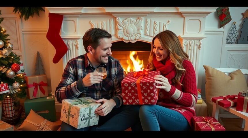 Párok karácsonyi ajándékokat bontanak a kandalló előtt.