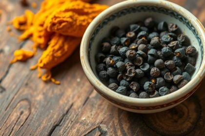 Fekete bors és kurkuma egy tálban, természetes fűszerek.