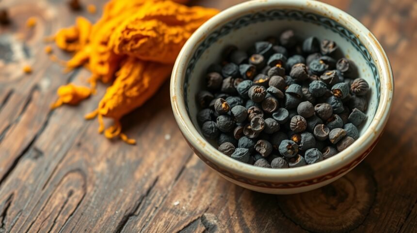Fekete bors és kurkuma egy tálban, természetes fűszerek.