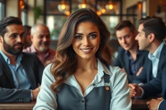 Egy magabiztos nő mosolyog csoport férfi mellett egy kávézóban.