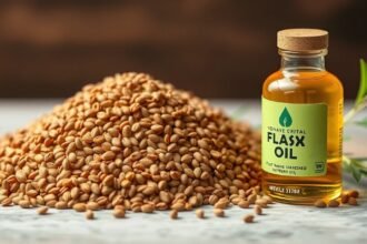 Lenmagolaj üveg és lenmag halom