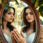 Egy nő tükröződése a tükörben, önszeretet gondolataival.