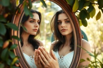 Egy nő tükröződése a tükörben, önszeretet gondolataival.