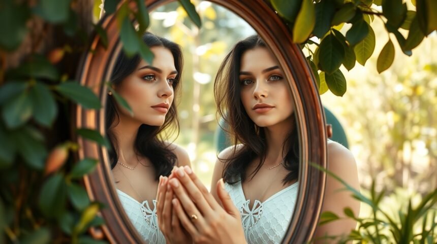 Egy nő tükröződése a tükörben, önszeretet gondolataival.