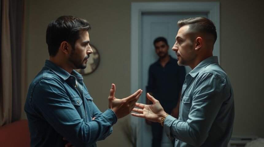 Két férfi vitatkozik a háttérben egy harmadik személlyel, aki figyel.