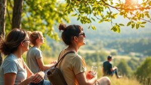 womensway 139 Nők a szabadban, akik élvezik a napfényt és a természetet, jótékony hatás a mentális egészségre.