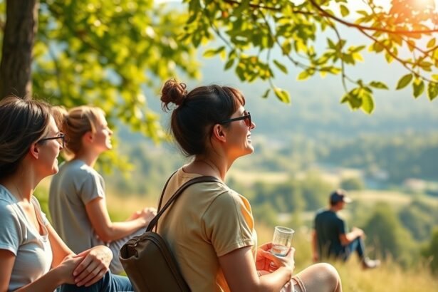 Nők a szabadban, akik élvezik a napfényt és a természetet, jótékony hatás a mentális egészségre.