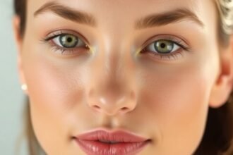 Fiatal nő arcbőrének közelképe pigmentáció megelőzéséről.